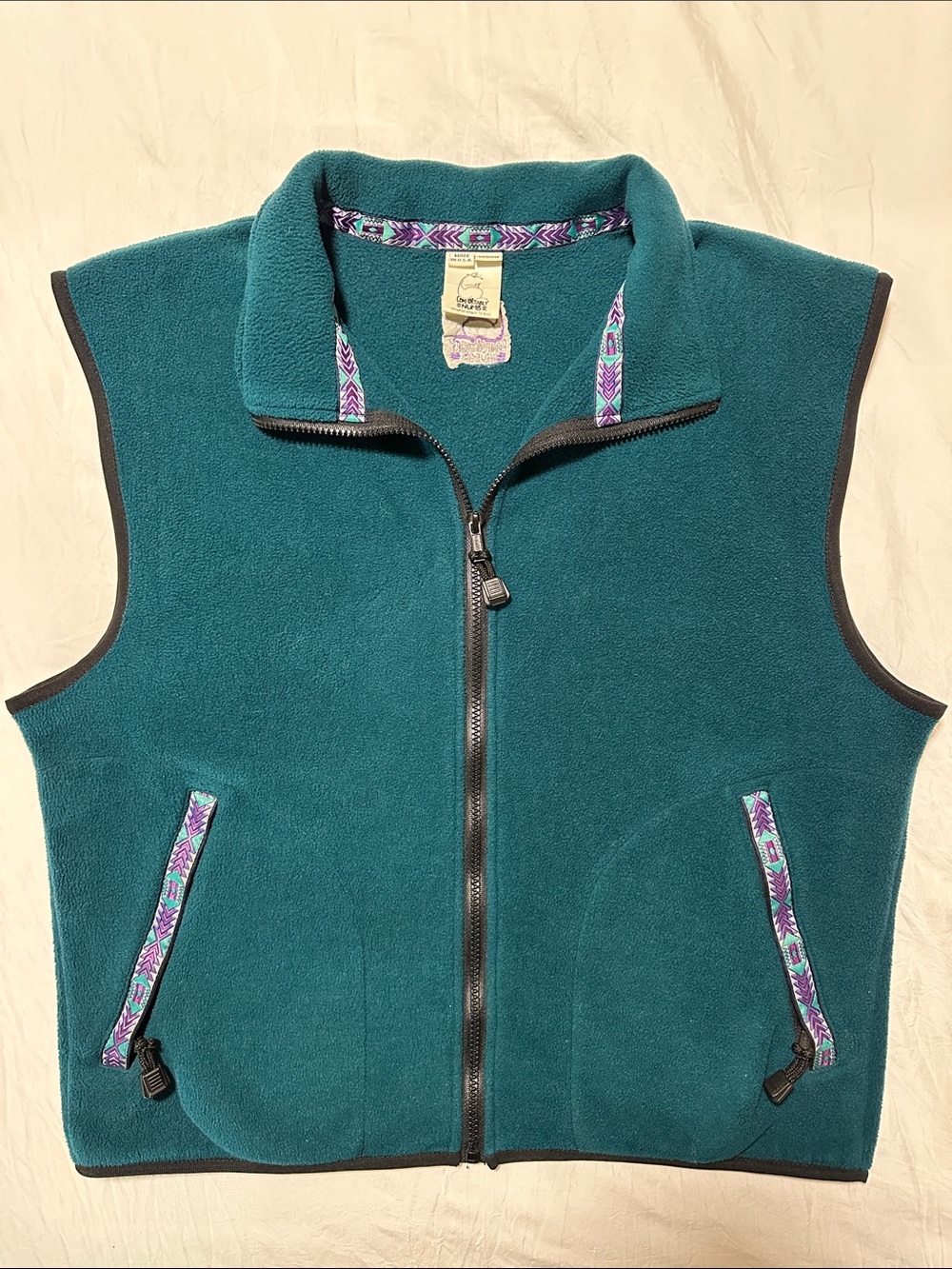 Vtg 90s Comfortably Numb Steamboat Springs Fleece Jacket Teal Aztec Trim USA